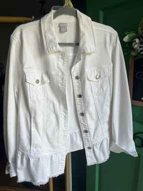 Chico's White Denim Jacket with Ruffle Hem
